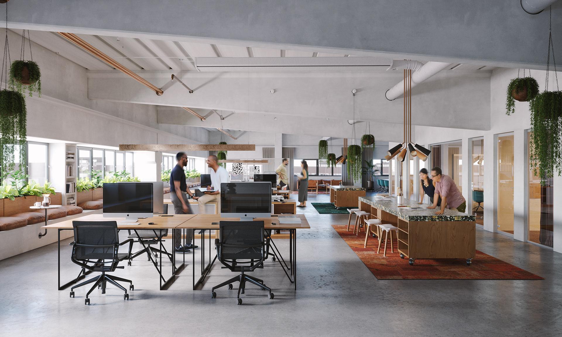 Modern co-working space with flexible seating and meeting areas